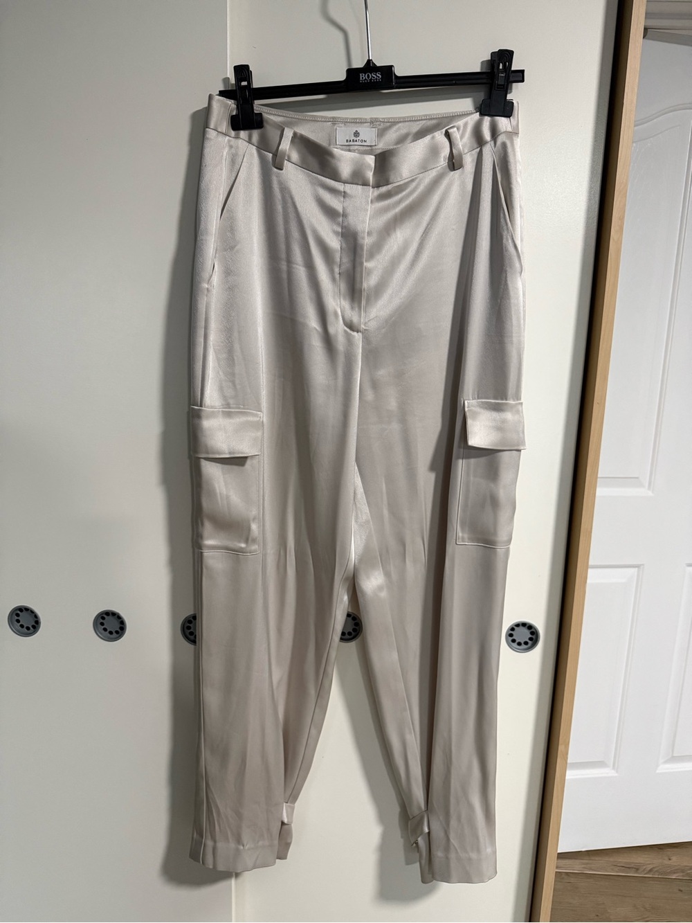Babaton Cream Satin Cargo Pants